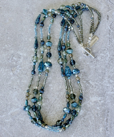 26-Style Czech Glass 3-Strand Necklace with a Sterling Silver Toggle Clasp