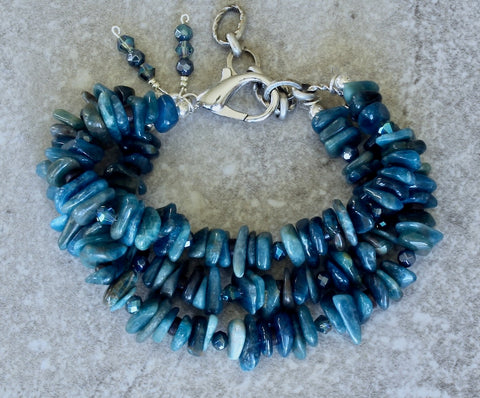 Blue Apatite Nugget 3-Strand Bracelet with Czech Glass and Sterling Silver