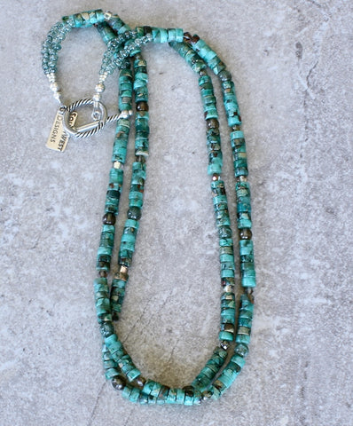Green Aqua Terra Jasper Heishi 2-Strand Necklace with Rutilated Quartz, Czech Glass and Sterling Silver