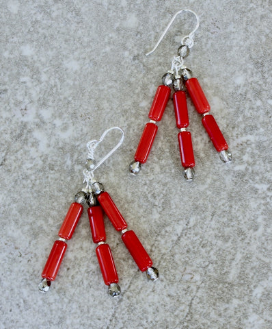 Bamboo Coral Cylinder Bead 3-Dangle Earrings with Fire Polished Glass and Sterling Silver