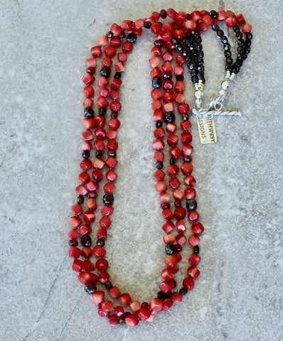 Bamboo Coral End-Drilled Cube 3-Strand Necklace with Czech Glass and a Sterling Silver Toggle Clasp