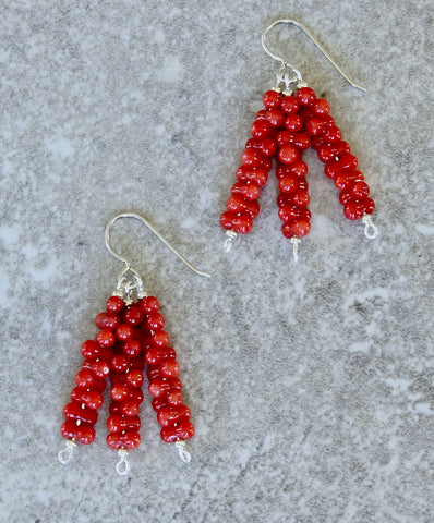 Bamboo Coral Peanuts 3-Dangle Earrings with Sterling Silver Earring Wires