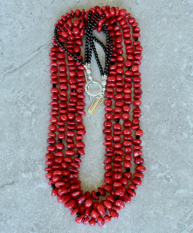 Bamboo Coral Pebble 4-Strand Necklace with Black Jet, Onyx and Sterling Silver