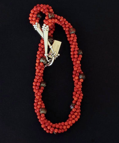 Bamboo Coral Rounds 4-Strand Twist Necklace with Cranberry-Hued Czech Luster Glass and Sterling Silver