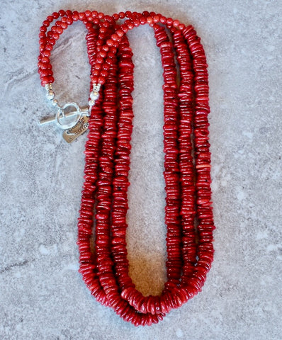Bamboo Coral Disc 3-Strand Necklace with Coral Rounds and Sterling Silver