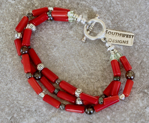 Bamboo Coral Cylinders 3-Strand Bracelet with Czech Glass and Sterling Silver