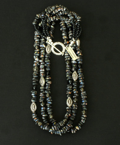 Black Indonesian Glass 3-Strand Necklace with Black Jasper, Smoky Quartz and Ornate Sterling Silver