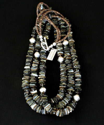 Black Lip Oyster Shell Heishi 3-Strand Necklace with Smoky Quartz, Hill Tribe Silver Faceted Bicones, and a Sterling Silver Toggle Clasp