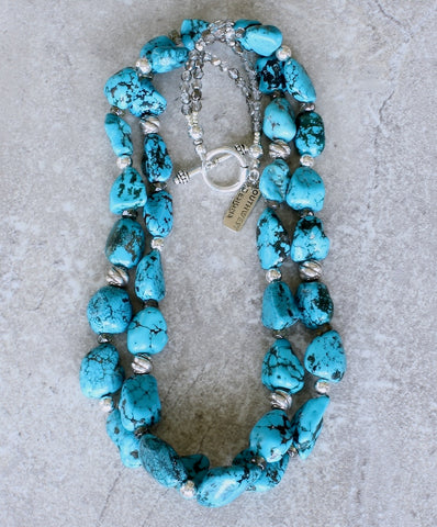 Nevada Blue Gem Turquoise Nugget 2-Strand Necklace with Czech Glass and Sterling Silver