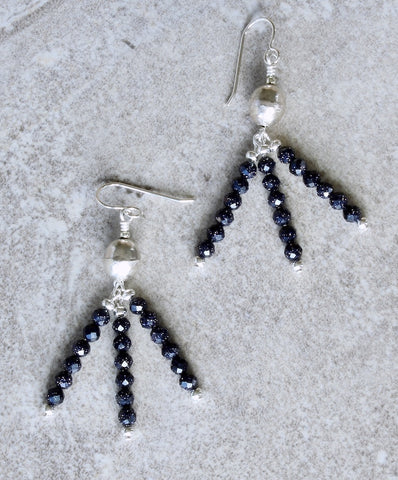 Blue Sandstone Faceted Rounds 3-Dangle Earrings with Handcrafted Sterling Silver Rounds and Earring Wires