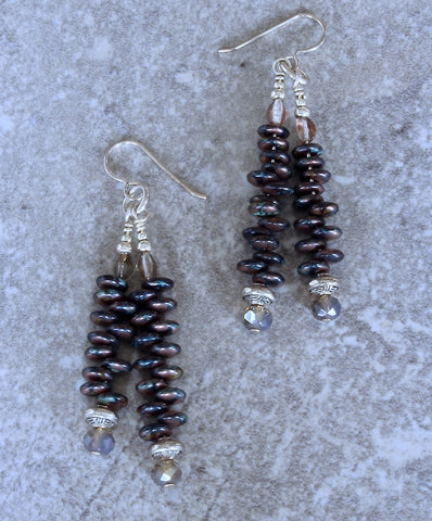 Bronze and Copper Stacked Czech Glass Disc Earrings with Fire Polished Glass and Sterling Silver