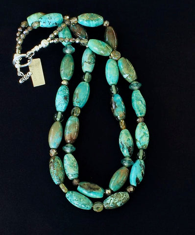 Chrysocolla Barrel Bead 2-Strand Necklace with Czech Glass and a Sterling Silver Toggle Clasp