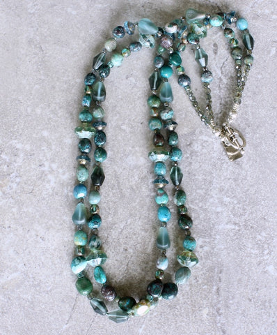 Chrysocolla Nugget 2-Strand Necklace with Czech Glass and Sterling Silver