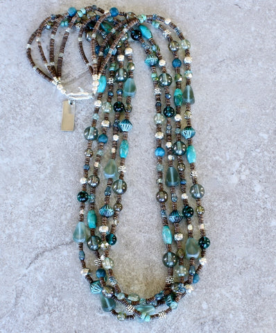 Czech Glass, Turquoise, Apatite and Sterling Silver 4-Strand Necklace