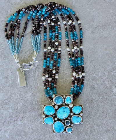 David Umpleby 10-Stone Castle Dome Turquoise and Sterling Silver Pendant with 5 Strands of Apatite, Oyster Shell Heishi and Sterling