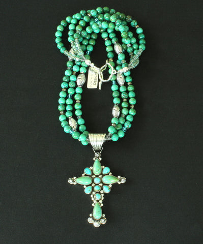 Dan Dodson 11-Stone Turquoise and Sterling Silver Cross Pendant with 3 Strands of Turquoise Rounds and Sterling Silver Beads & Toggle Clasp