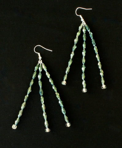 Forest Green Crystal Rice Bead 3-Strand Long Dangles with Sterling Silver