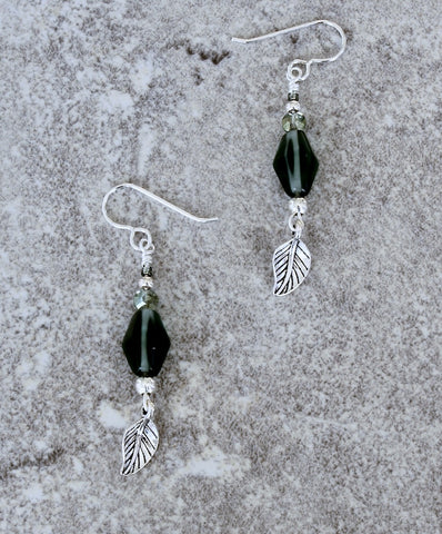 Green Czech Glass Faceted Cylinder Beads with Green Crystal Coin Beads and Sterling Silver Leaf Charms & Earring Wires