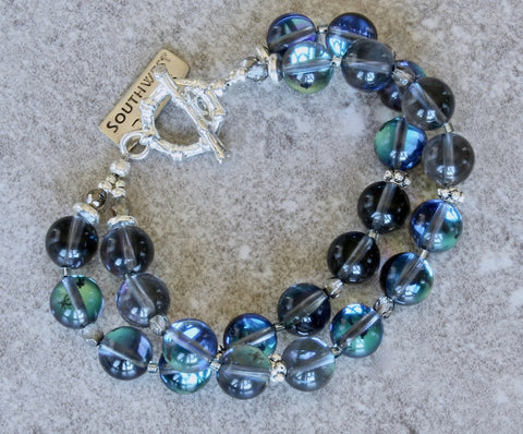 Iridescent Blue Glass Rounds 2-Strand Bracelet with Sterling Silver