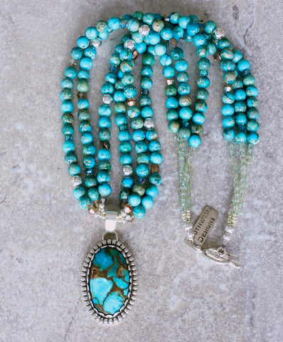 Kingman Turquoise & Sterling Silver Pendant with 3 Strands of Imperial Jasper, Fire Polished Glass and Sterling
