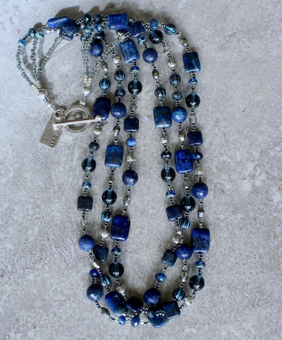 Lapis Lazuli 3-Strand Necklace with Czech Glass and Sterling Silver
