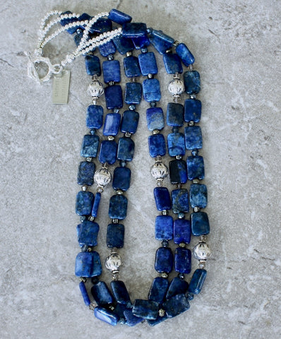 Lapis Lazuli Rectangles 3-Strand Necklace with Czech Glass and Sterling Silver
