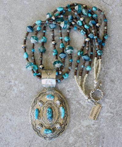 5-Stone Turquoise and Stamped Sterling Silver Oval Pendant with 3 Strands of Turquoise, Apatite, Czech Glass and Sterling Silver