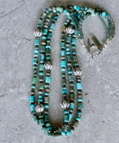 Mixed Turquoise 3-Strand Necklace with Hill Tribe Silver, Czech Glass and Sterling Silver