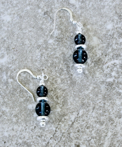 Montana Blue Czech Druk Glass Rounds with Sterling Silver Discs and Earring Wires