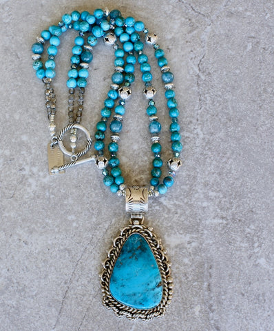 Native American Kingman Turquoise and Sterling Pendant with Turquoise, Apatite and Sterling