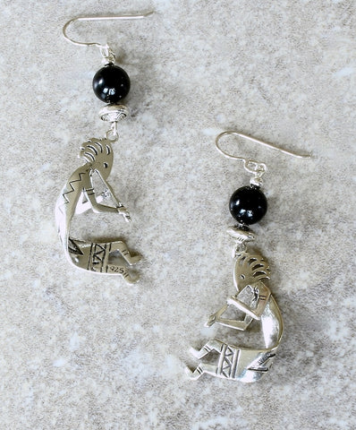 Onyx and Sterling Silver Kokopelli Earrings with Sterling Silver Beads and Earring Wires