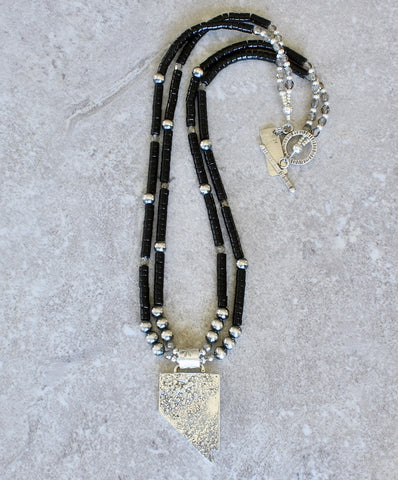 State of Nevada Reticulated Silver Pendant with Black Onyx Heishi and Oxidized Sterling Silver Rounds