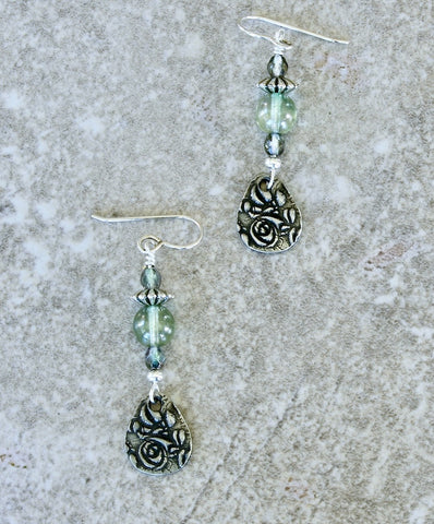 Sage Green Druk Glass Earrings with Fire Polished Glass and TierraCast Floral Charms