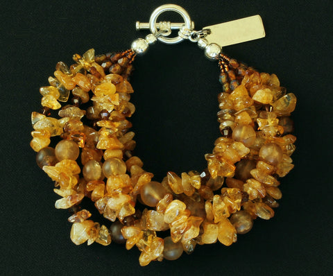 Santo Domingo Amber 5-Strand Bracelet with Fire Polished Glass, Amber Quartz and Sterling