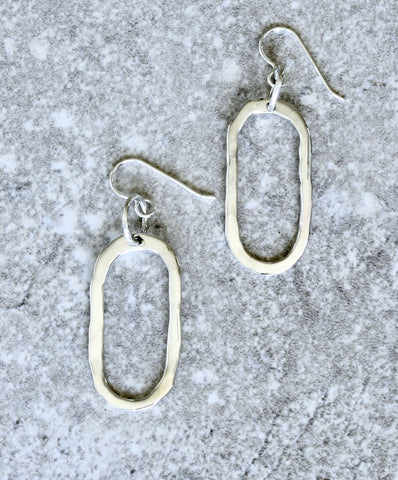 Hammered Sterling Silver Narrow Oval Earrings with Sterling Silver Earring Wires