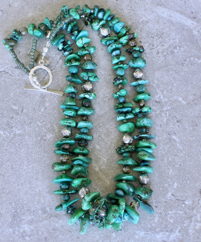 Graduated Turquoise Flat Nugget 2-Strand Necklace with Czech Glass and Sterling Silver