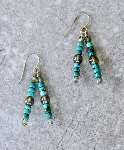 Turquoise Rondelle Bead & Czech Glass 2-Dangle Earrings with Sterling Silver Earring Wires