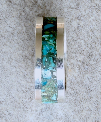 Rolled Turquoise & Sterling Silver Channel Ring #2 with Sterling Rims and Inlaid Turquoise Chip