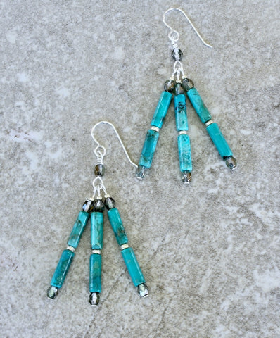 Turquoise Cylinder Bead 3-Dangle Earrings with Czech Fire Polished Glass and Sterling Silver