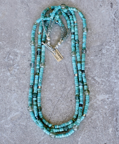 Turquoise Heishi 3-Strand Necklace with Czech Glass, Green Rutilated Quartz, and a Sterling Silver Toggle Clasp