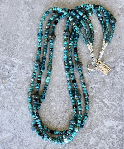 Turquoise Multi-Hued 3-Strand Necklace with Czech Glass and a Sterling Silver Toggle Clasp