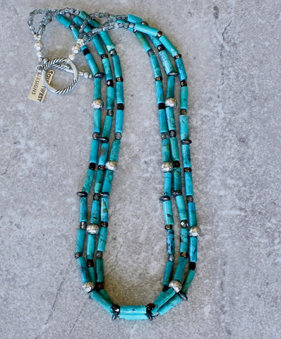 Turquoise Tube Bead 3-Strand Necklace with Czech Glass and Sterling Silver Beads & Toggle Clasp