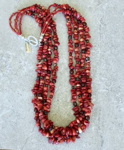 Variegated Coral 4-Strand Necklace with Czech Glass, Carnelian and Sterling Silver