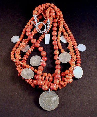 Vintage Coral & Apple Coral 4-Strand Necklace with 1905 to 1960 Silver Mexican Coins