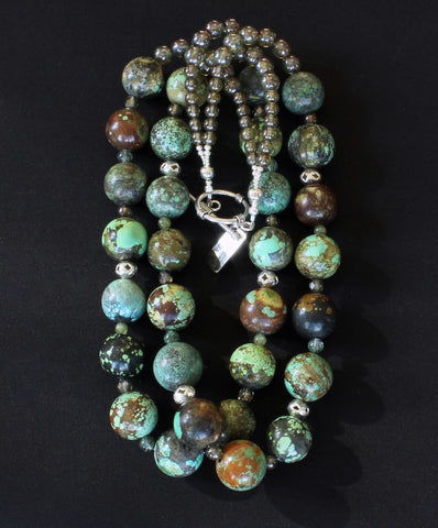 20mm Turquoise Rounds 2-Strand Necklace with Czech Glass, Quartz, Peridot and Sterling Silver