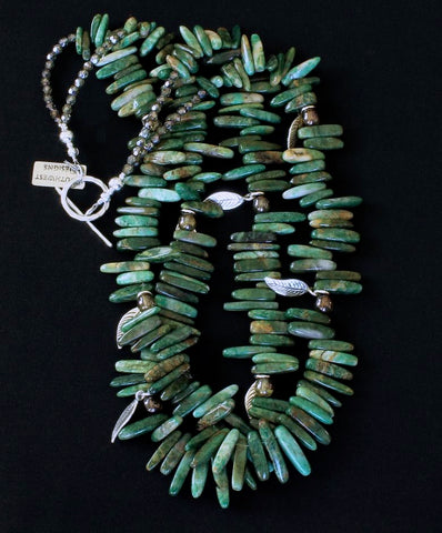 Green Jade Spike 2-Strand Necklace with Czech Glass and Sterling Silver