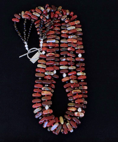 Apple Jasper Stick 3-Strand Necklace with Red Pote Beads, Czech Nailheads and Sterling Silver