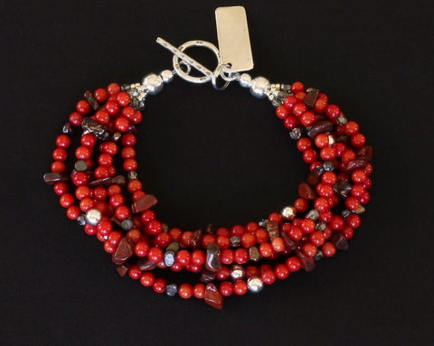 Bamboo Coral Rounds 6-Strand Bracelet with Jasper, Czech Glass & Sterling