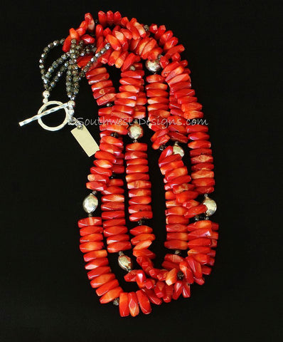Bamboo Coral Long Nugget 3-Strand Necklace with Smoky Quartz and Sterling Silver