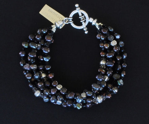 Black Nugget Pearl 5-Strand Bracelet with Czech Nailheads and Sterling Silver